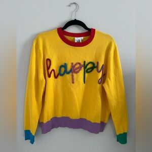 QUEEN OF SPARKLES Yellow Crewneck Sweater with Multicolor 'happy' Embroidery